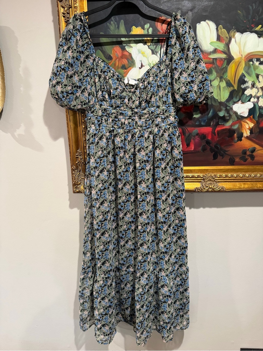 Astr Floral Puff-Sleeve Midi Dress in Blue and Green